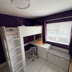Loft bed frame with desk, chair and storage