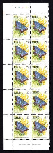 1985 Ireland Fauna & Flora Butterflies Commemorative Stamps Marginal left block of 10 with plate numbers Mint Never Hinged (MNH)
