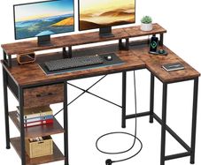 L Shaped Desk with Power Outlet Corner Computer Desk with Storage Shelves & Fabric Drawer, Study Writing Table Gaming Desk for Home Office L120xW80xH88cm