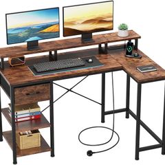 L Shaped Desk with Power Outlet Corner Computer Desk with Storage Shelves & Fabric Drawer, Study Writing Table Gaming Desk for Home Office L120xW80xH88cm