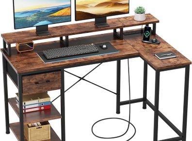 L Shaped Desk with Power Outlet Corner Computer Desk with Storage Shelves & Fabric Drawer, Study Writing Table Gaming Desk for Home Office L120xW80xH88cm