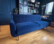 Blue Velvet 3-Seater Sofa Bed - Excellent Condition