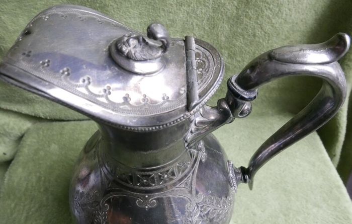 Antique Lidded Jug, Antique Silver Plate, Engraved Foliate and Scroll Designs Jug.