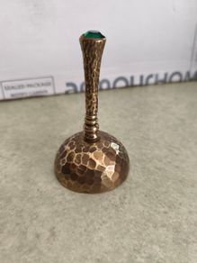 Temple Hindu Pooja Puja Traditional Small hammered Brass Hand Singing Medita with green stone on top of the handle 9 cm.. tall 5 cm. wide.
