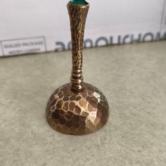 Temple Hindu Pooja Puja Traditional Small hammered Brass Hand Singing Medita with green stone on top of the handle 9 cm.. tall 5 cm. wide.