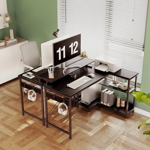 Small Corner Desk, 120 x 50 cm Gaming Desk with Reversible Storage Shelves, L Shaped Desks with Monitor Stand and PC Stand for Home Office, Computer Desks with Headphone Hooks, Black