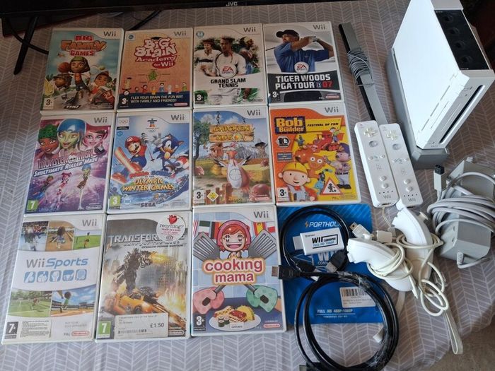 Nintendo Wii Bundle , 11 Games, 2 Controllers, HDMI Converter