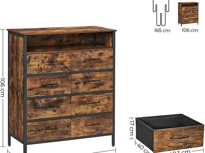 _Chest of Drawers, Sideboard, Cabinet with 8 Drawers, Open Compartment, Non-Woven Fabric Drawers with MDF Front, Steel Frame, Vintage Brown/Black
