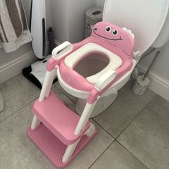 Baby steps with toilet seat.