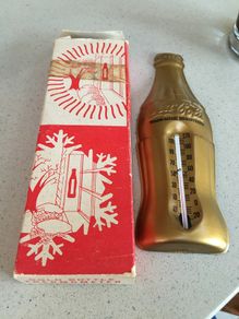 Coca Cola 1950's Gold Metal Thermometer with box