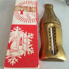 Coca Cola 1950's Gold Metal Thermometer with box