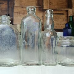493 - Set of 6 Vintage Clear Glass Screw Cork Top Collectible Decorative Bottles and Jars