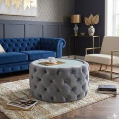 Coffee table round velvet and cristal buttons