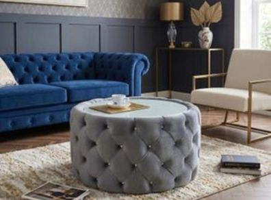 Coffee table round velvet and cristal buttons