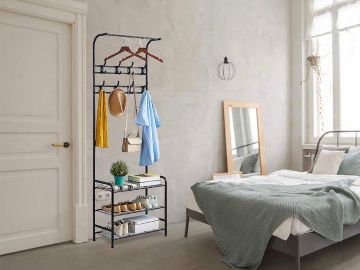Coat Rack Shoe Bench with 16 Hooks, Metal Coat Hat Rack Free Standing Clothes Stand with 3-Tier Shoe Rack Bench, Hat Umbrella Stand Hallway Organiser, 3-in-1 Hall Tree with Metal Frame