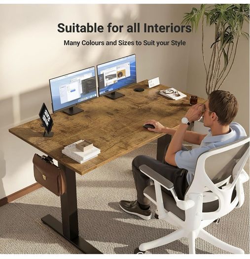 Electric Standing Desk 120x60cm Height Adjustable Desk with 3 Memory Presets & Sit Stand Reminder, Quiet Home Office Computer Desk with LED Display, Cable Holes & Hooks, Rustic Brown