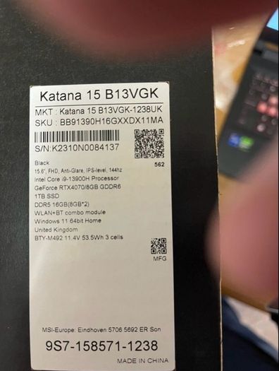 MSI Katana i9, 15'6 inch, 4070 gaming laptop