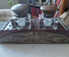 Antique double ink well desk stand