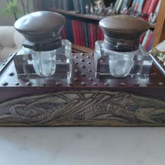 Antique double ink well desk stand