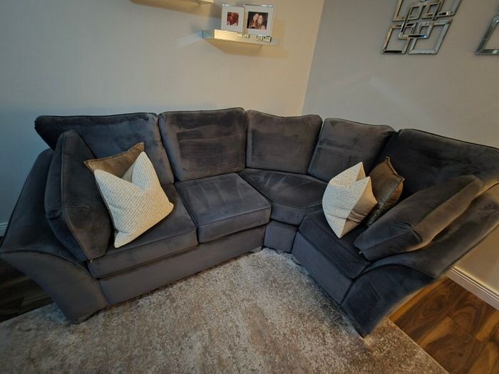 L shape sofa and love chair with foot pouf grey velvet