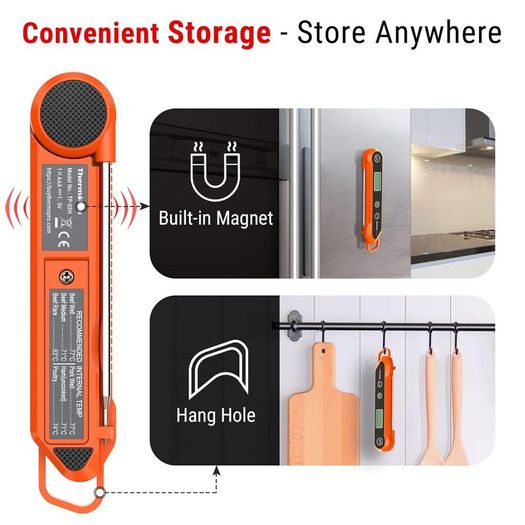 Meat Thermometer with IPX6 Waterproof, Food Thermometer Foldable Food Temperature Probe with LCD Backlight Calibration Lock Fuction, Kitchen Digital Instant Read Probe for Oil Jam Milk