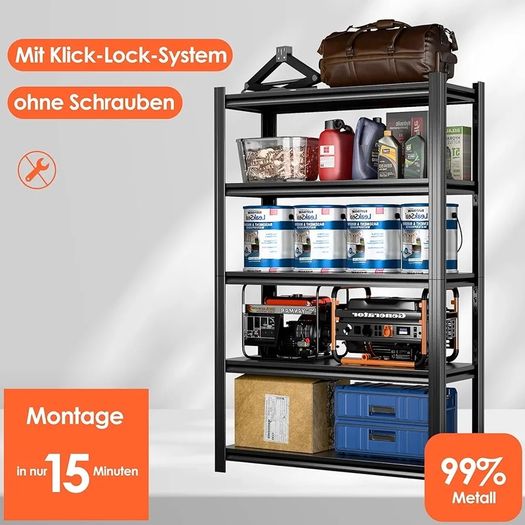Heavy Duty Metal Shelf 183x90x40 cm with 5 Adjustable Metal Shelf | Garage Shelving Units | Racking for Garage | Storage Shelf for Cellars & Workshops | Load capacity up to 1000 kg | Black