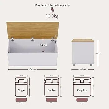 Arlington Storage Ottoman, Wood in White, 100x40x48cm - Storage Ottoman with Lift-Up Lid, Ideal for Toys, Bedding & Footstool Use