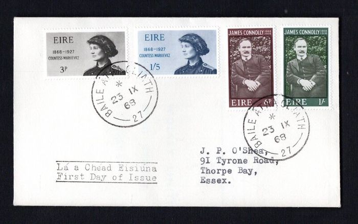 1968 Ireland Centenary of the Birth of Countess Markiewicz & Centenary of the Birth of James Connolly Commemorative Stamps Plain addressed First Day Cover (FDC)