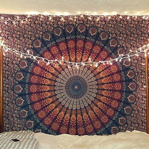 NEW SALE | Indian hippie Bohemian Psychedelic Peacock Mandala Wall hanging Bedding Tapestry (Golden Blue, Poster (30x40Inches)