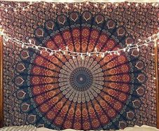 NEW SALE | Indian hippie Bohemian Psychedelic Peacock Mandala Wall hanging Bedding Tapestry (Golden Blue, Poster (30x40Inches)