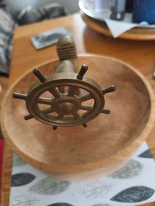 Vintage Brass Nautical Nut Cracker With Ships Wheel And Wooden Bowl, Vintage House Decor, Nautical marked  P. de Cazenove