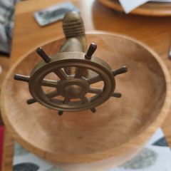 Vintage Brass Nautical Nut Cracker With Ships Wheel And Wooden Bowl, Vintage House Decor, Nautical marked  P. de Cazenove