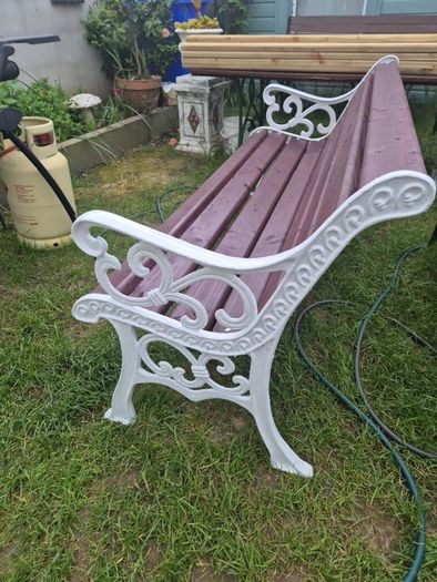 Garden Bench Cast iron fully restored seat outside outdoor garden sitting treated timber decorations, furniture patio  decking, home house cottage ignore flowers pots plants, garden statue chair  swing patio heater bbq hammock sun  farm shop gift