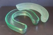 Fabulous Pair of Art Deco Green Glass Posy Vases by Bagley &amp; Co, Green Glass Horseshoe Vase and Frosted Green Glass Semi Circular Ring Vase, both circa 1930s