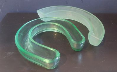 Fabulous Pair of Art Deco Green Glass Posy Vases by Bagley & Co, Green Glass Horseshoe Vase and Frosted Green Glass Semi Circular Ring Vase, both circa 1930s