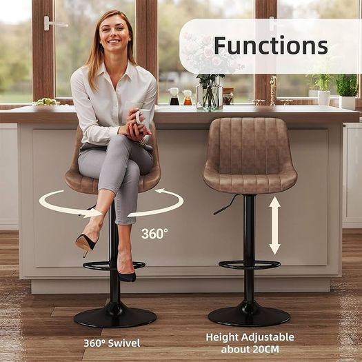 Bar Stools Set of 4, Swivel Counter Height Barstools with Back, Adjustable PU Leather Bar Chairs, Modern Armless Kitchen Island Stool, Brown