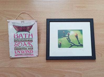 Limited edition signed print "Spring Buds"  & Bathroom metal sign