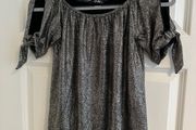 Quiz Woman's Silver Metallic and Black Off and Cold Shoulder Top - Size UK 8