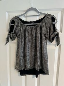 Quiz Woman's Silver Metallic and Black Off and Cold Shoulder Top - Size UK 8