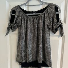 Quiz Woman's Silver Metallic and Black Off and Cold Shoulder Top - Size UK 8