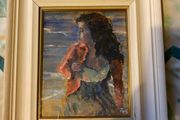 painting This is an atmospheric portrait depicting a woman standing on a coastal shore at dusk or twilight, clutching a reddish-pink wrap or cardigan around her shoulders.