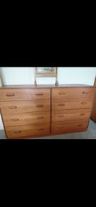 Pristine Mid Century Teak Bedroom Set Headboard and 8 Drawer Dresser