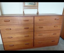 Pristine Mid Century Teak Bedroom Set Headboard and 8 Drawer Dresser