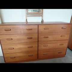 Pristine Mid Century Teak Bedroom Set Headboard and 8 Drawer Dresser