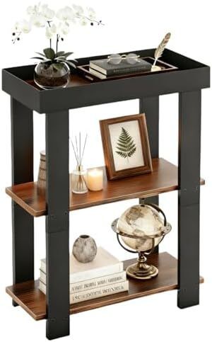 Side Table, 3-Tier Side Table, Rustic Farmhouse Narrow End Table with Storage, Slim Table Nightstand for Small Spaces, Bedroom or Living Room (Rustic Brown)