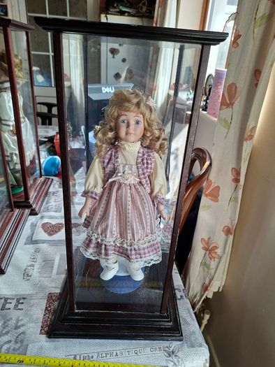 Collector's Porcelain Doll, In A very Large Mahogany Display Case, PRICE IS FOR 1 ONLY these came from a Pub contents,