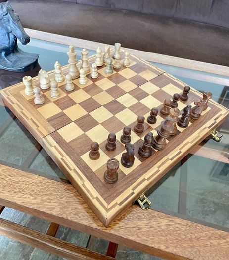 Vintage Marquetry Inlaid Folding Wooden Chess Board Chess Pieces Dice and Counters