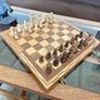 Vintage Marquetry Inlaid Folding Wooden Chess Board Chess Pieces Dice and Counters Image 3