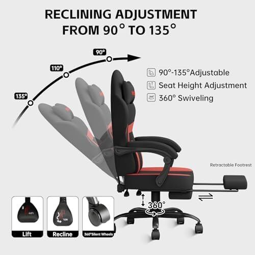 Gaming Chair Computer Chairs with Massage Lumbar Support & Headrest, Ergonomic Technology Fabric Gaming Chair for Adults, PC Chair Gamer Chairs with Footrest, 300LBS, Black-Red