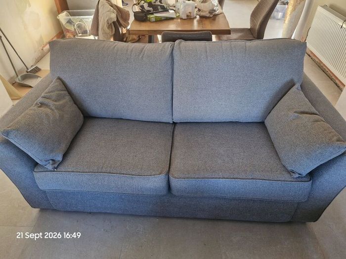 Two Light Grey  3  Seater Sofas + 2 Footstools